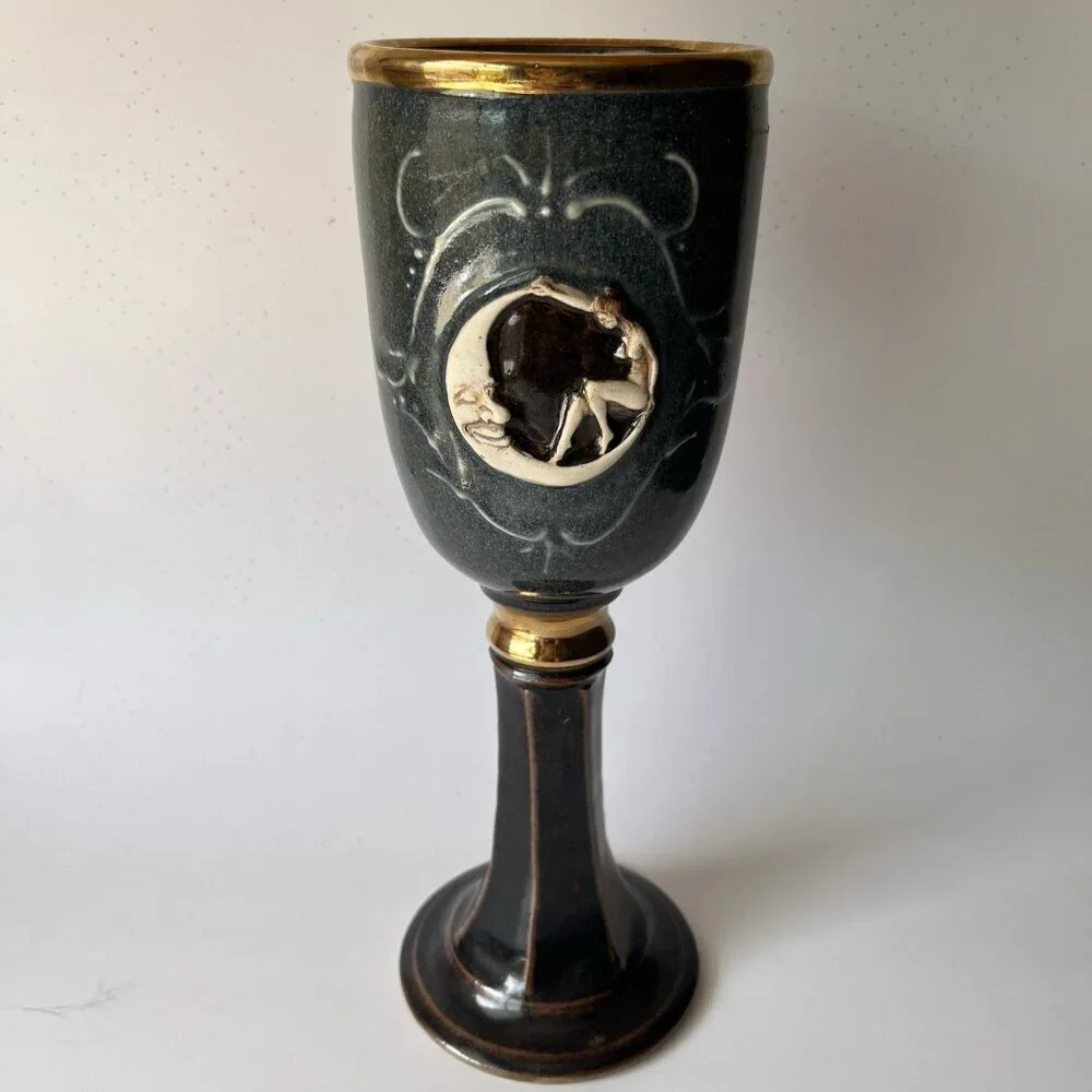 Art Pottery Chalice Goblet Celestial Nude Woman Sitting Crescent Moon Goddess